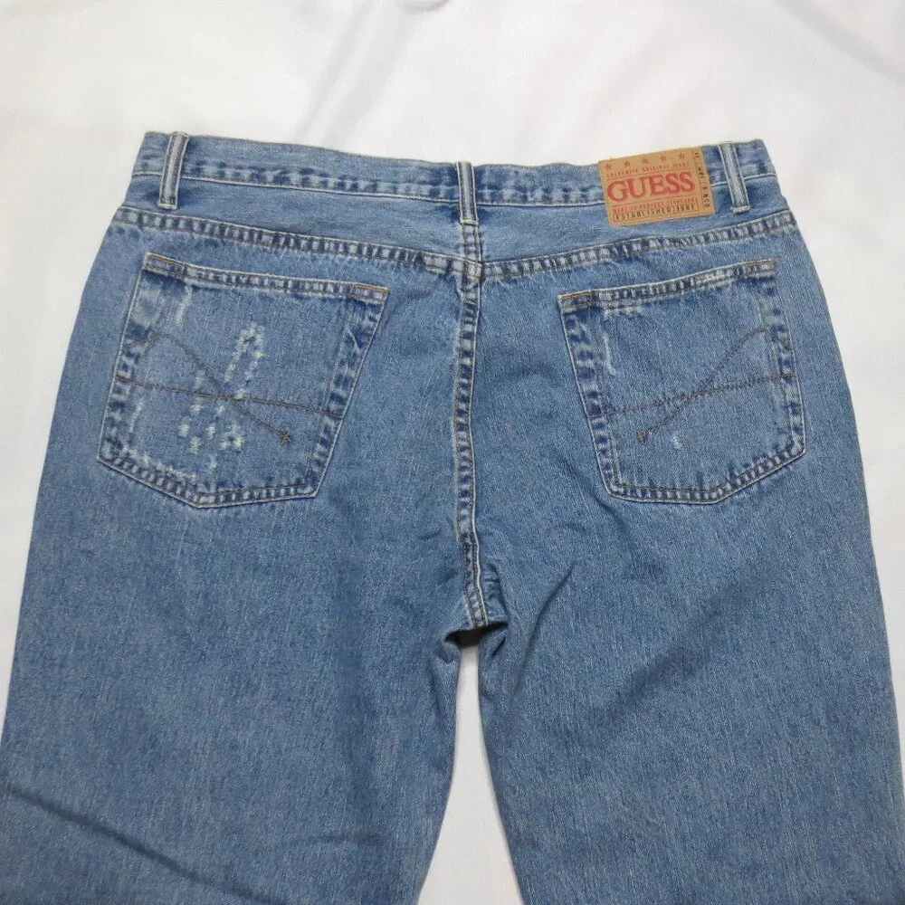 GUESS mens JEANS denim BLUE distressed BUTTON-FLY wide leg SIZE 38x30